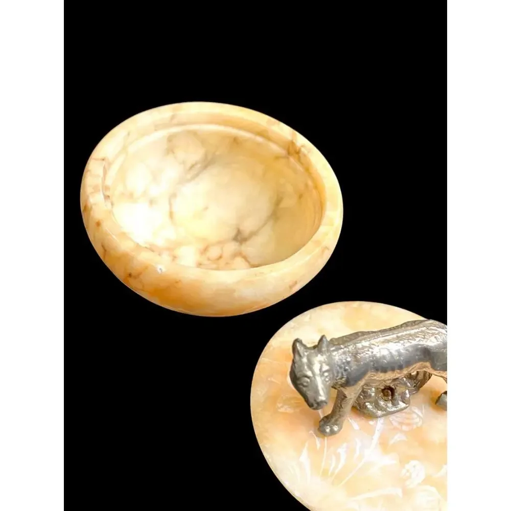 Vintage She Wolf Trinket Box Dish Etched Stone Romulus and Remus